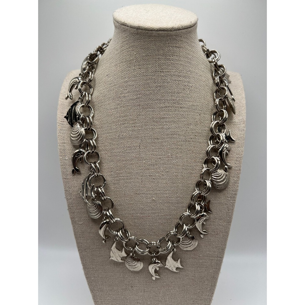 Sea Life Charm Necklace Dolphin Fish Shell Coastal Beachy Mermaid Silver 19"